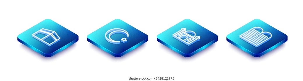 Set Isometric line Kaaba mosque, Star and crescent, Muslim Mosque and The commandments icon. Vector