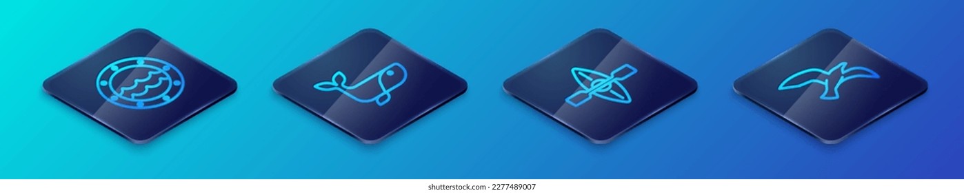 Set Isometric line Kayak and paddle, Ship porthole, Bird seagull and Whale icon. Vector