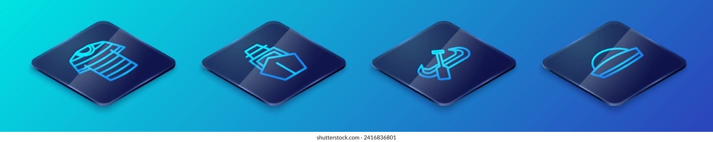 Set Isometric line Kayak and paddle, Striped sailor t-shirt, Sailor hat and Yacht sailboat icon. Vector