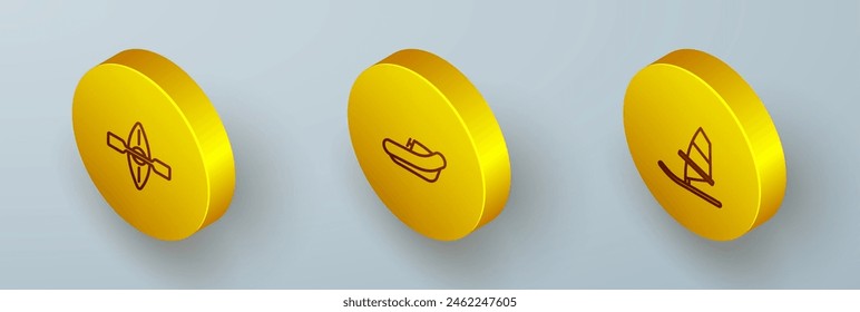 Set Isometric line Kayak and paddle, Inflatable boat with motor and Windsurfing icon. Vector