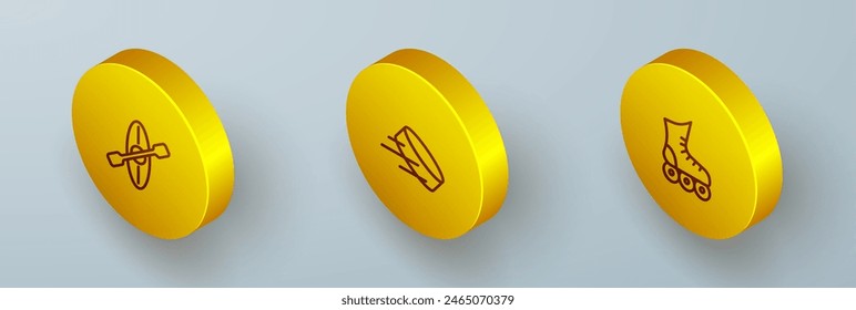 Set Isometric line Kayak and paddle, Hockey puck and Roller skate icon. Vector
