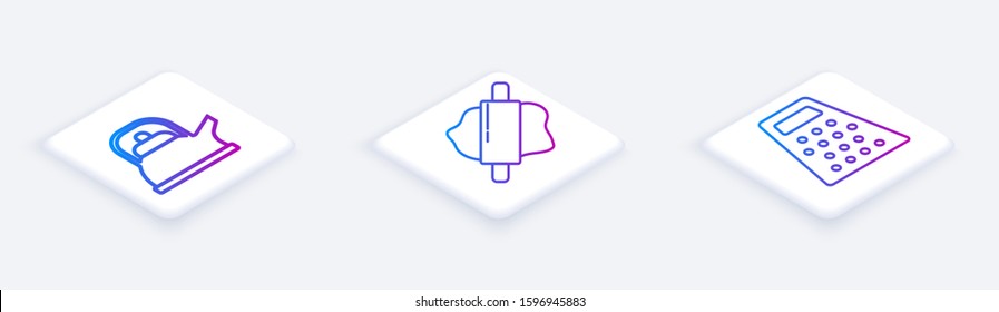 Set Isometric line Kettle with handle , Rolling pin  and Grater . White square button. Vector