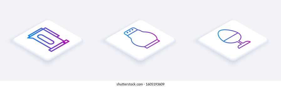 Set Isometric line Kettle with handle, Salt and pepper and Chicken egg on a stand. White square button. Vector