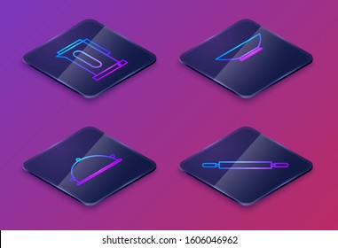 Set Isometric line Kettle with handle, Covered with a tray of food, Bowl and Rolling pin. Blue square button. Vector