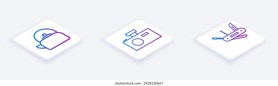 Set Isometric line Kettle with handle, Photo camera and Swiss army knife. White square button. Vector