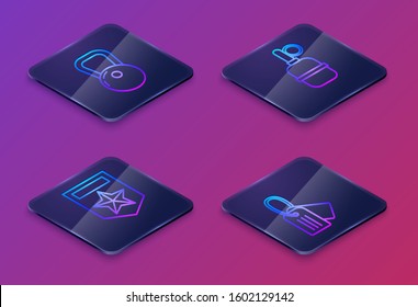 Set Isometric line Kettlebell , Chevron , Hand grenade  and Military dog tag . Blue square button. Vector