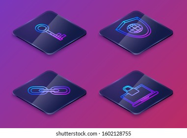 Set Isometric line Key , Chain link , Shield with world globe  and Laptop and lock . Blue square button. Vector