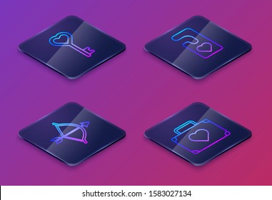 Set Isometric line Key in heart shape, Bow and arrow, Please do not disturb with heart and Suitcase for travel with heart. Blue square button. Vector