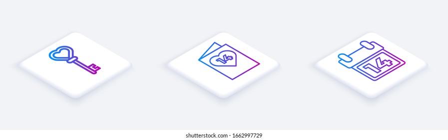 Set Isometric line Key in heart shape, Valentines day flyer with heart and Calendar with February 14. White square button. Vector