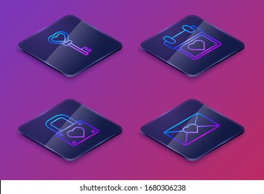 Set Isometric line Key in heart shape, Lock and heart, Calendar with heart and Envelope with Valentine heart. Blue square button. Vector