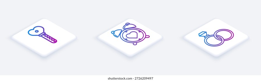 Conjunto de línea isométrica clave en forma de corazón, corazón en el reloj de alarma central y anillos de boda. Botón cuadrado blanco. Vector