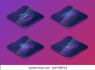 Set Isometric line Khinkali on cutting board, Sushi on cutting board, Sushi on cutting board and Sushi on cutting board. Blue square button. Vector