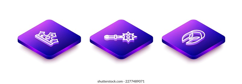 Establece la línea isométrica Corona Rey, Mace con picos e icono del casco medieval. Vector