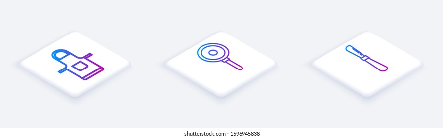 Set Isometric line Kitchen apron , Frying pan  and Knife . White square button. Vector