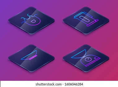 Set Isometric line Kitchen apron, Bowl, Kettle with handle and Scales. Blue square button. Vector