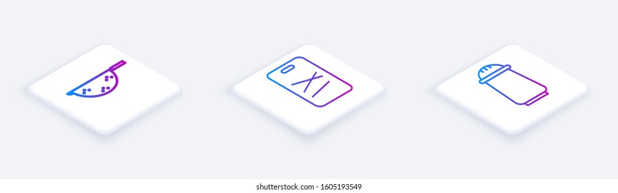 Set Isometric line Kitchen colander, Cutting board and Salt and pepper. White square button. Vector