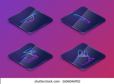 Set Isometric line Kitchen colander, Kitchen meat grinder, Knife and Knife. Blue square button. Vector