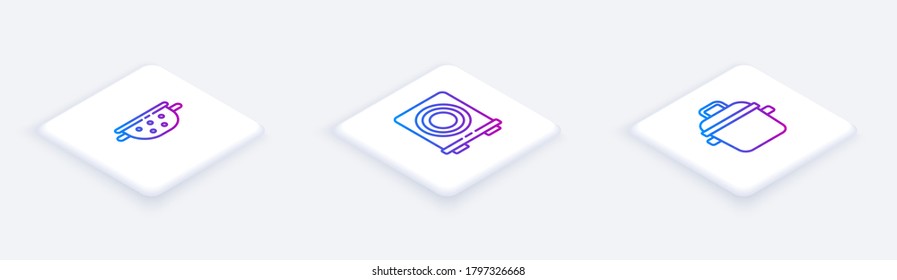 Set Isometric line Kitchen colander, Electric stove and Cooking pot. White square button. Vector