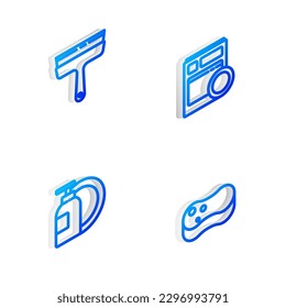 Set Isometric line Kitchen lavadora de lavavajillas, Limpiador de caucho para ventanas, Frasco líquido lavavajillas y placa e icono Esponge. Vector