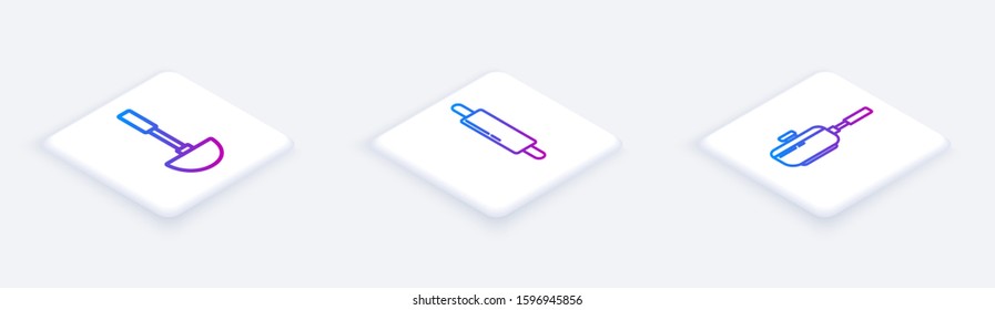 Set Isometric line Kitchen ladle , Rolling pin  and Frying pan . White square button. Vector