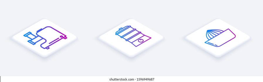 Set Isometric line Kitchen meat grinder , Double boiler  and Citrus fruit juicer . White square button. Vector