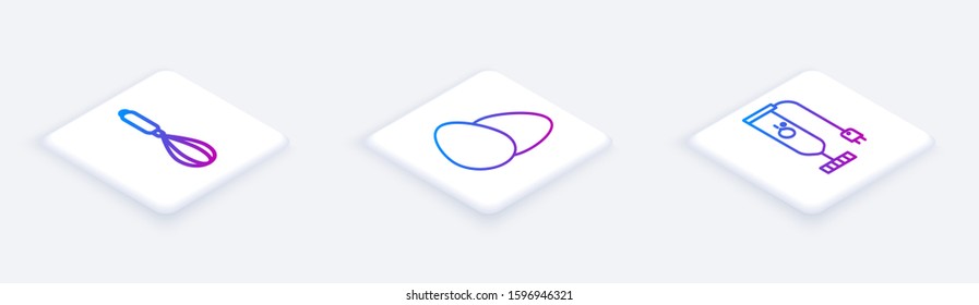 Set Isometric line Kitchen whisk , Chicken egg  and Blender . White square button. Vector