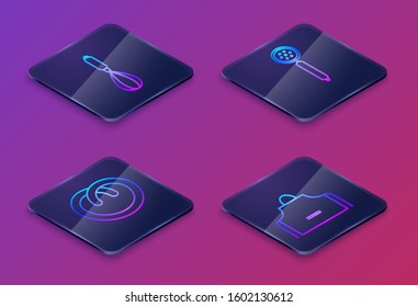 Set Isometric line Kitchen whisk , Pretzel , Strainer spoon  and Kitchen apron . Blue square button. Vector