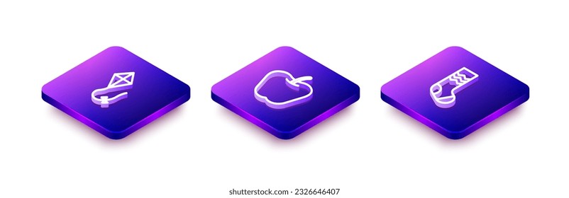 Set Isometric line Kite, Apple and Socks icon. Vector