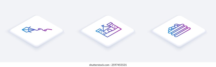 Set Isometric line Kite, Sand castle and Pool with balls. White square button. Vector