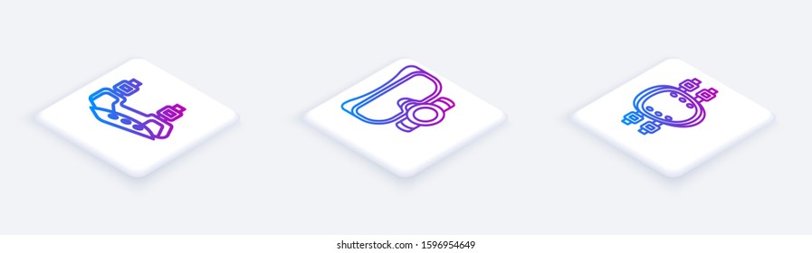 Set Isometric line Knee pads, Diving mask and Knee pads. White square button. Vector