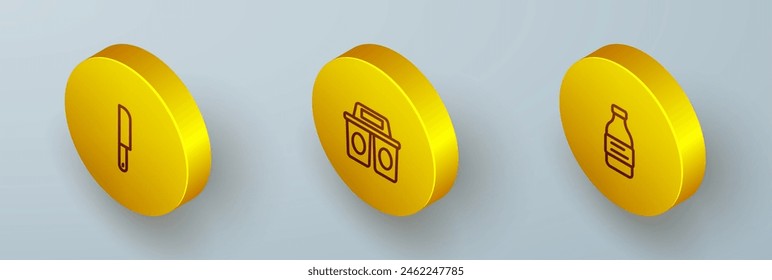 Set Isometric line Knife, Coffee cup to go and Bottle water icon. Vector