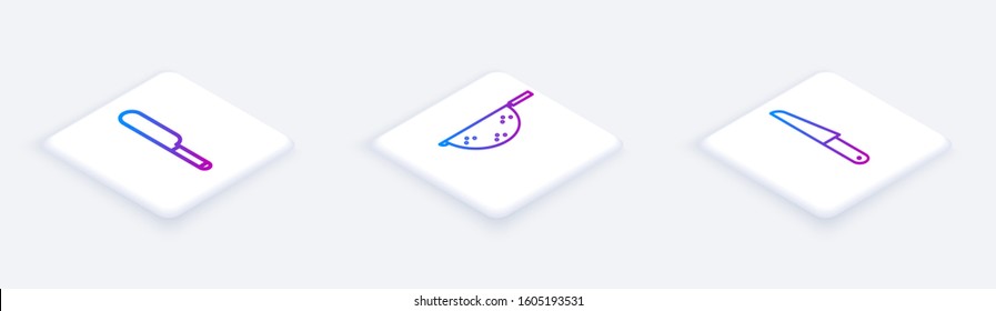 Set Isometric line Knife, Kitchen colander and Knife. White square button. Vector