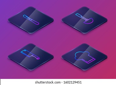 Set Isometric line Knife , Meat chopper , Kitchen ladle  and Chef hat . Blue square button. Vector