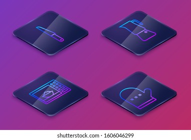Set Isometric line Knife, Microwave oven, Moka pot and Oven glove. Blue square button. Vector
