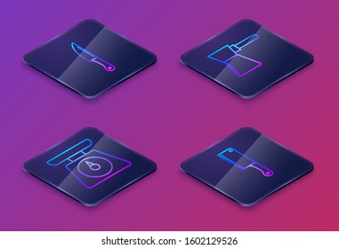 Set Isometric line Knife , Scales , Coffee turk  and Meat chopper . Blue square button. Vector