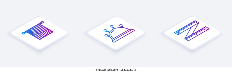 Set Isometric line Knitting, Needle bed and needles and Tape measure. White square button. Vector
