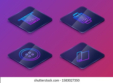 Set Isometric line Knitting, Sewing button for clothes, Sewing thread on spool and Textile fabric roll. Blue square button. Vector