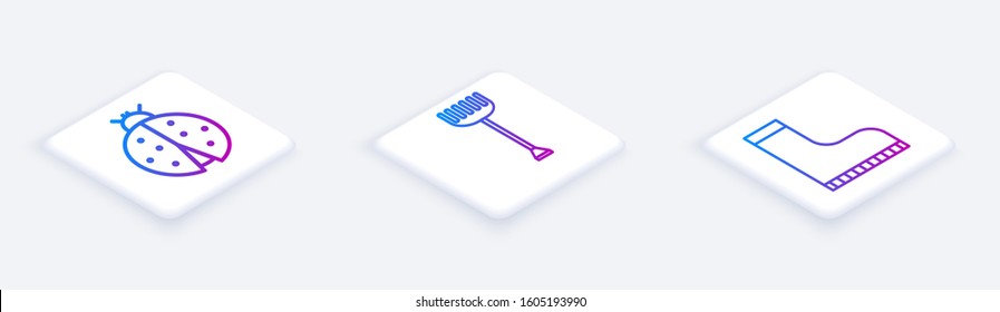 Set Isometric line Ladybug, Garden rake and Waterproof rubber boot. White square button. Vector