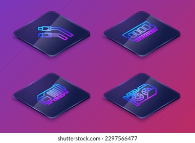 Set Isometric line LAN cable network internet, Video graphic card, RAM, random access memory and . Blue square button. Vector