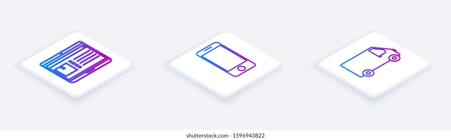 Set Isometric line Laptop with app delivery tracking , Mobile phone with app delivery tracking and Delivery cargo truck vehicle . White square button. Vector