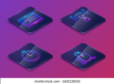 Set Isometric line Laptop with app delivery tracking , Stopwatch , Delivery drone with the package  and Scale with cardboard box . Blue square button. Vector