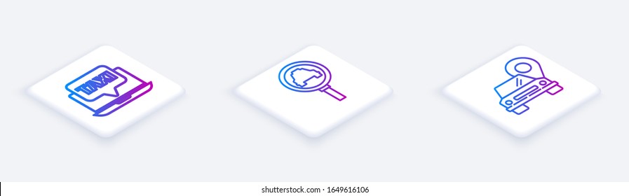 Set Isometric line Laptop call taxi service, Magnifying glass and taxi car and Map pointer with taxi. White square button. Vector