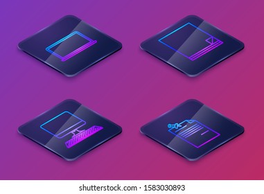 Set Isometric line Laptop, Computer monitor with keyboard, File document and Note paper with pinned pushbutton. Blue square button. Vector