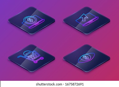 Set Isometric line Laptop with dollar, Remove shopping cart, Laptop and cursor and Eye with dollar. Blue square button. Vector