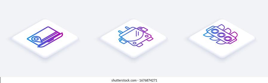Set Isometric line Laptop with location marker, Trolleybus and Traffic light. White square button. Vector