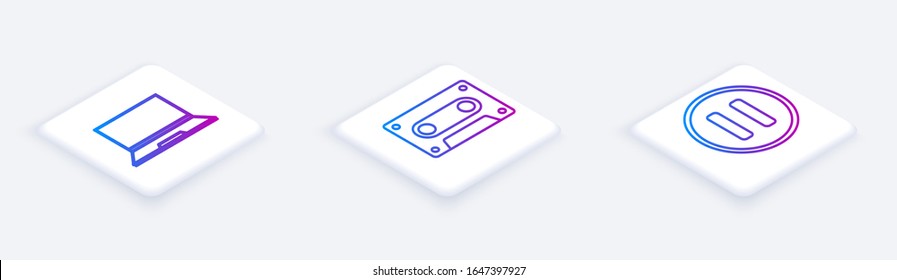 Set Isometric line Laptop, Retro audio cassette tape and Pause button. White square button. Vector