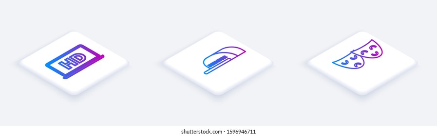Set Isometric line Laptop screen with HD video technology , Cap with inscription director  and Comedy and tragedy theatrical masks . White square button. Vector