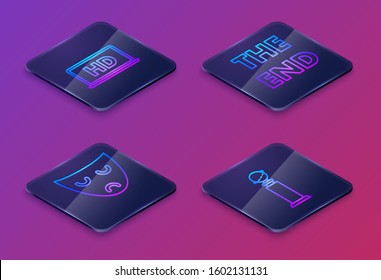 Set Isometric line Laptop screen with HD video technology , Drama theatrical mask , The End handwritten inscription  and Trophy Golden Globe . Blue square button. Vector