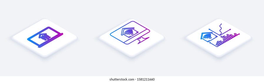 Set Isometric line Laptop with smart home, Computer monitor with smart home with wi-fi and Smart home with wi-fi. White square button. Vector