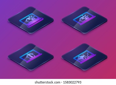 Set Isometric line Laptop with smart house and alarm, Laptop with house temperature, Laptop with smart house and alarm and Laptop with smart home with wi-fi. Blue square button. Vector